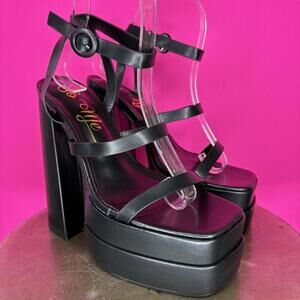 So Me Aiko Black Strappy Chunky Platform High Block Heel Sandal Sz 6.5